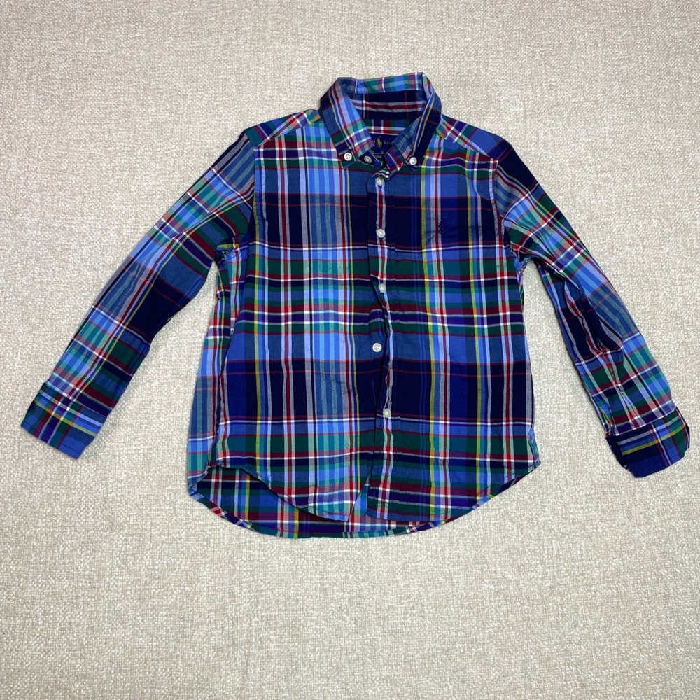 Ralph Lauren Boys Plaid Button Down Shirt Blue Green Red 4 4T 100% Cotton